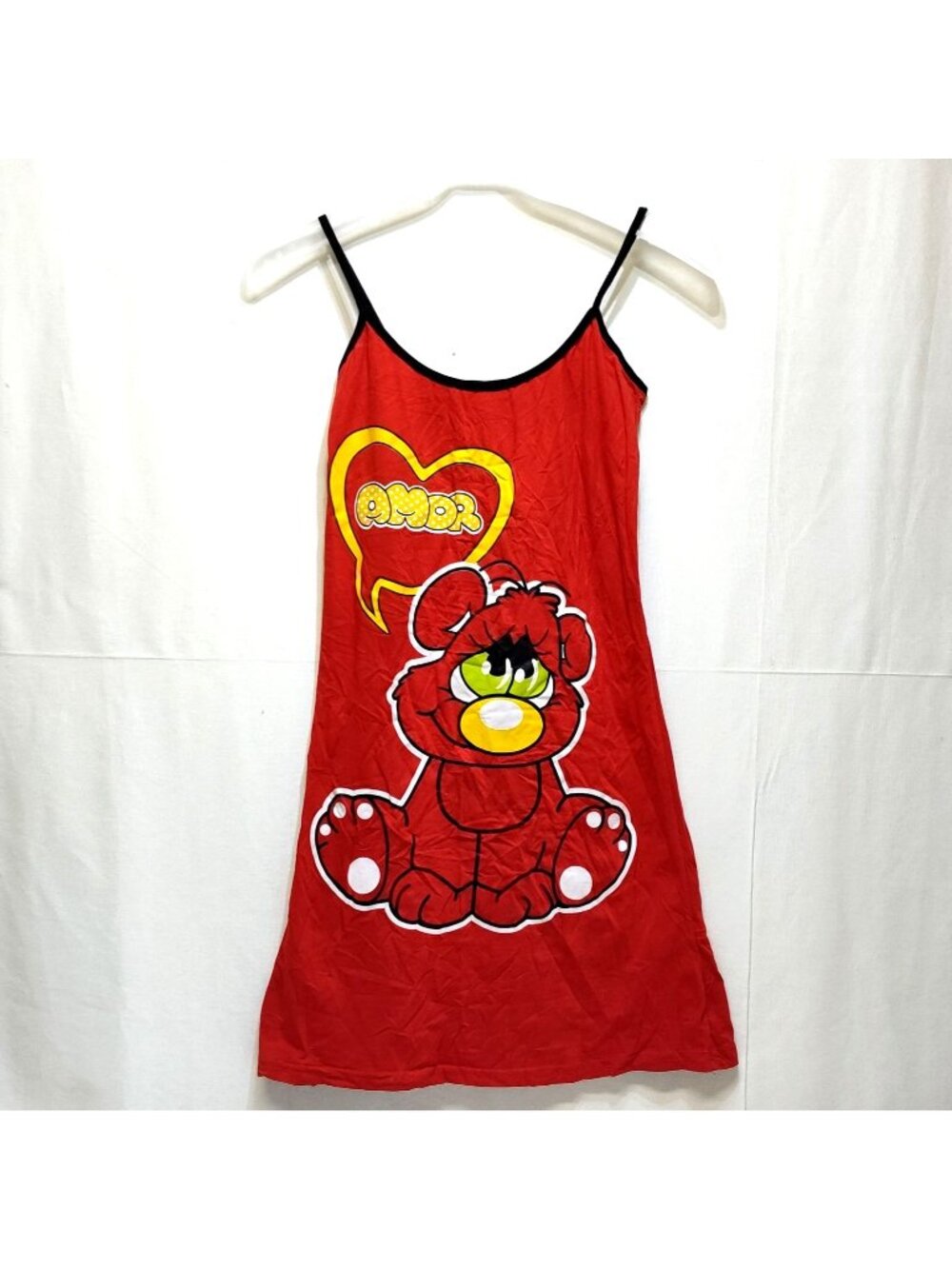 Nicoletta Amor Nightgown Girls Large Red Cartoon Bear Black Straps 90% Cotton
